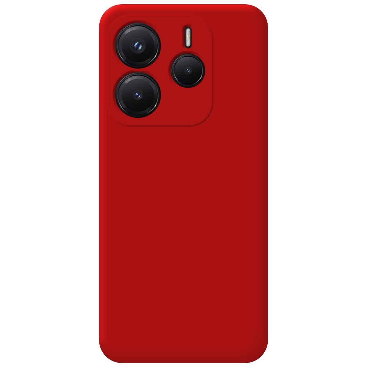 Custodia per telefono rossa con tre lenti nere. Sfondo bianco.