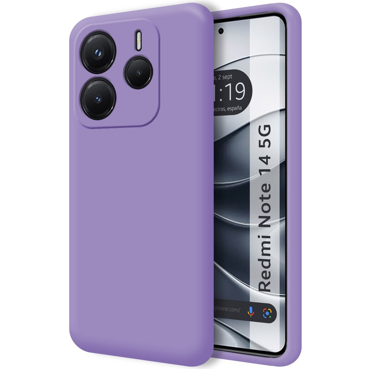 Una custodia per telefono viola con ritaglio per fotocamera e schermo che mostra l'ora.
