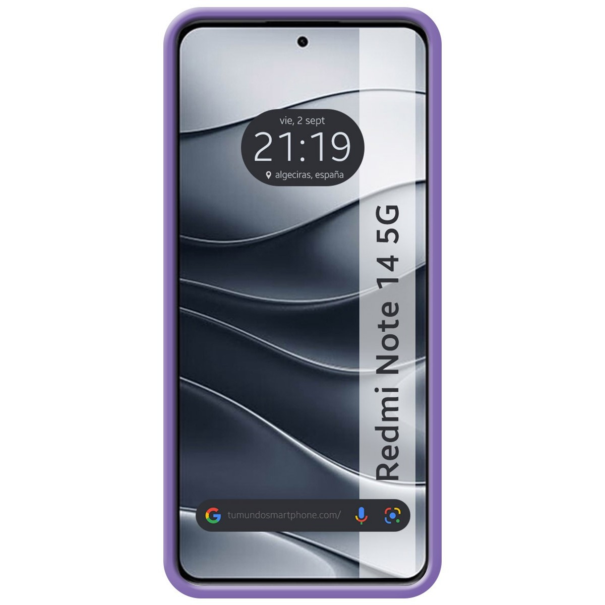 Schermo del telefono con modello e ora. È visibile una custodia viola.