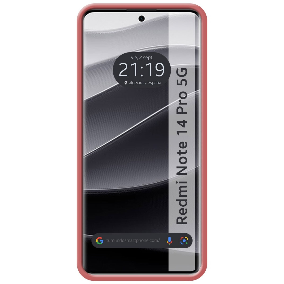 Teléfono, pantalla mostrando reloj y texto. Carcasa roja. Fondo blanco.