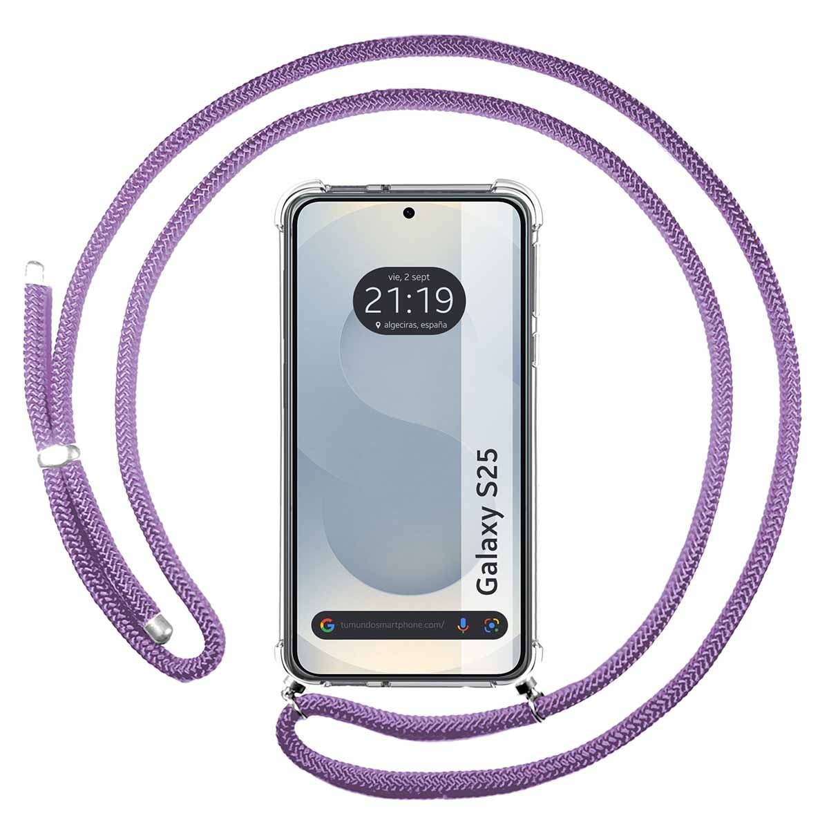 Smartphone con cordino viola. Schermo mostra ora, data e testo: Galaxy S25. Custodia trasparente.