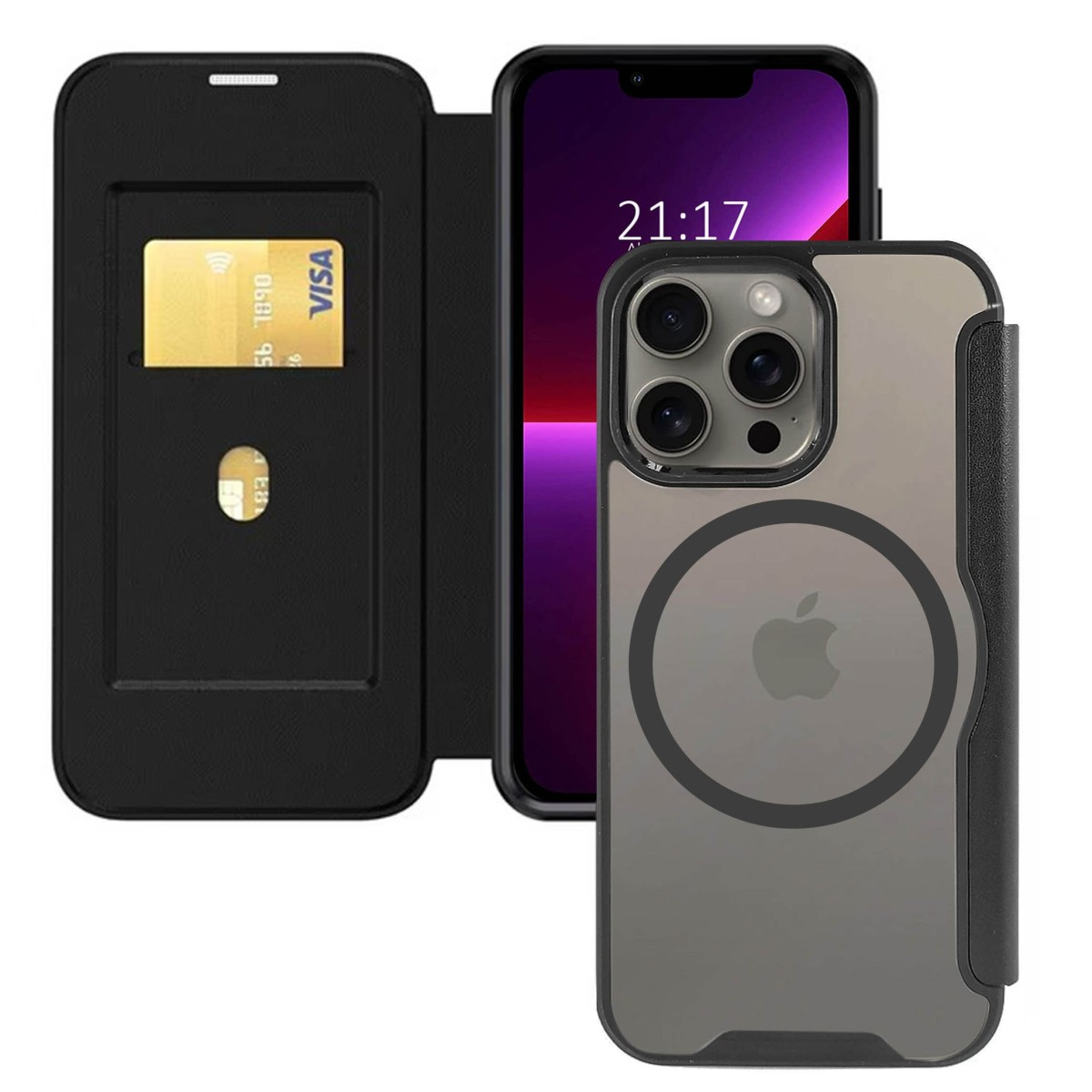 Custodia con carta e schermo del telefono con l'ora.