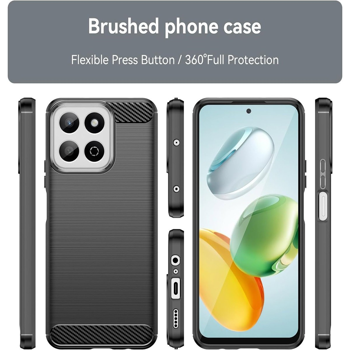Custodia nera con un design strutturato. Lo schermo del telefono mostra uno sfondo verde e arancione.