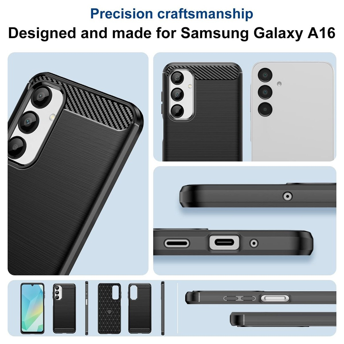 Primo piano dei componenti della custodia del telefono con texture in fibra di carbonio nera. Lavorazione di precisione.
