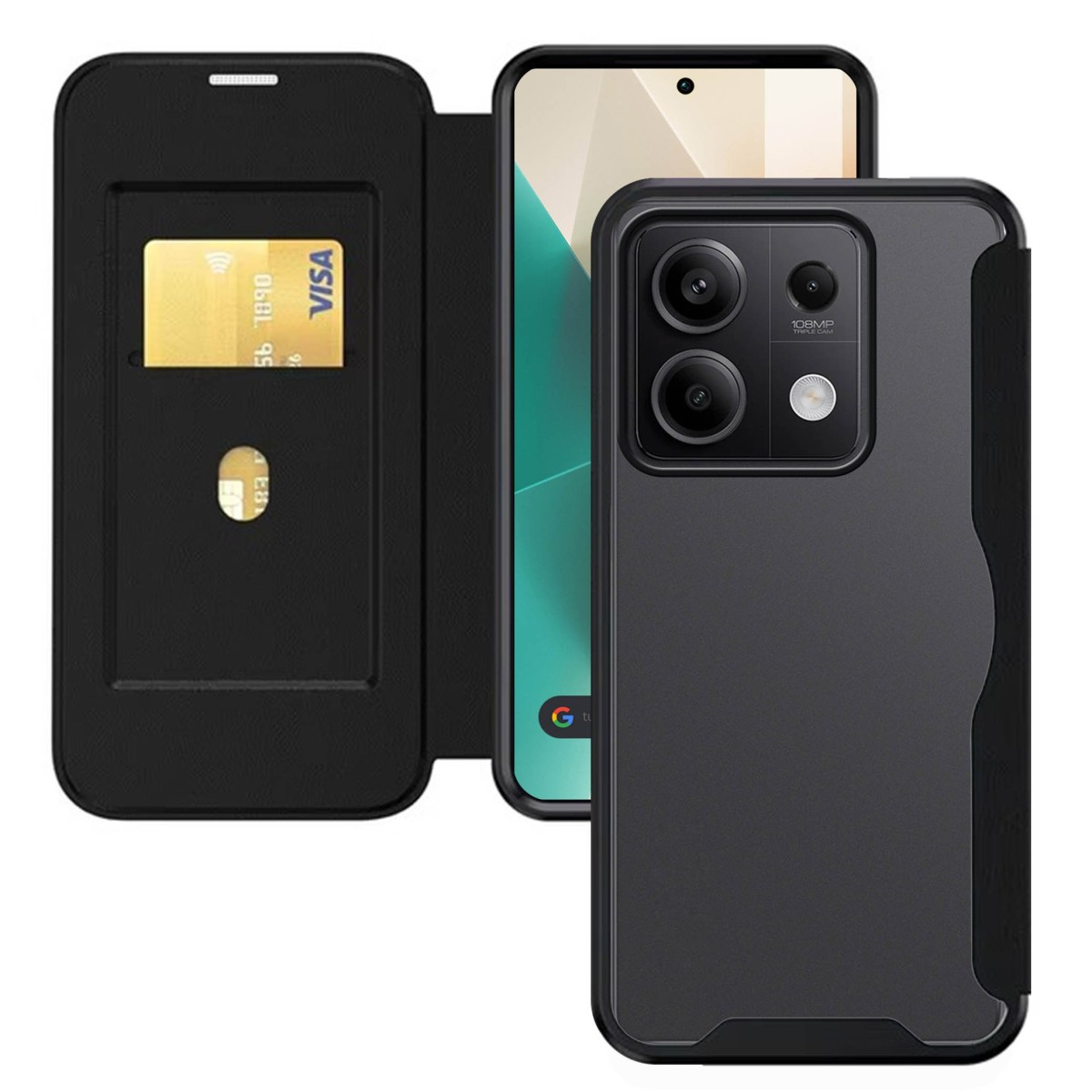 Custodia con cover nera, telefono e carta di credito. Schermo con ora e luogo.