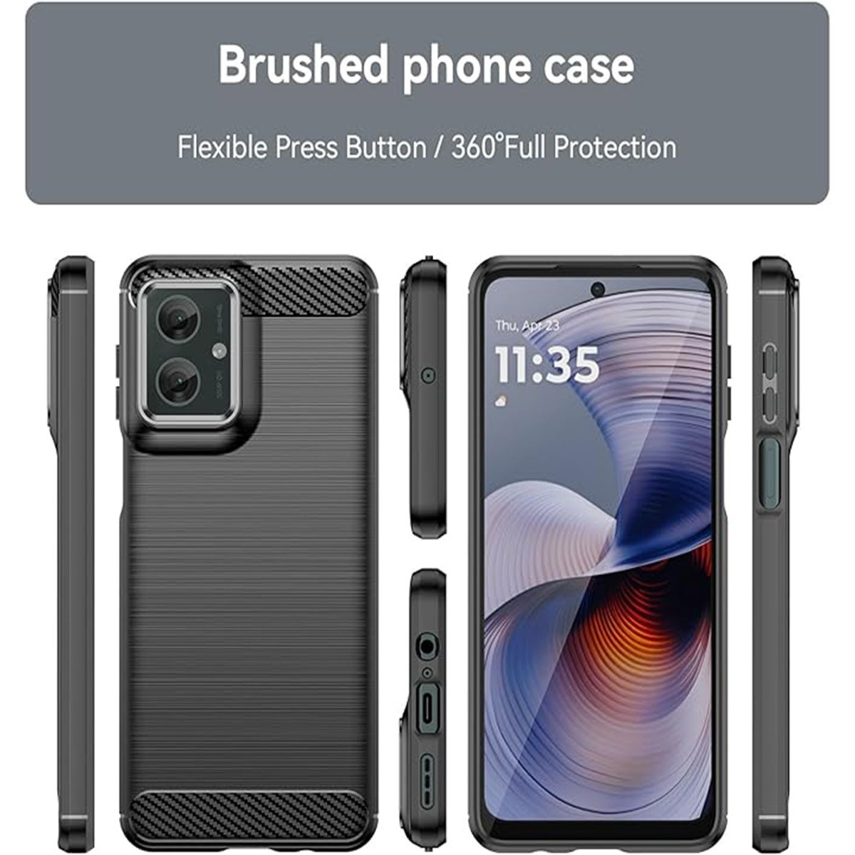 Un telefono e la sua custodia, con più viste, con una texture spazzolata e testo.