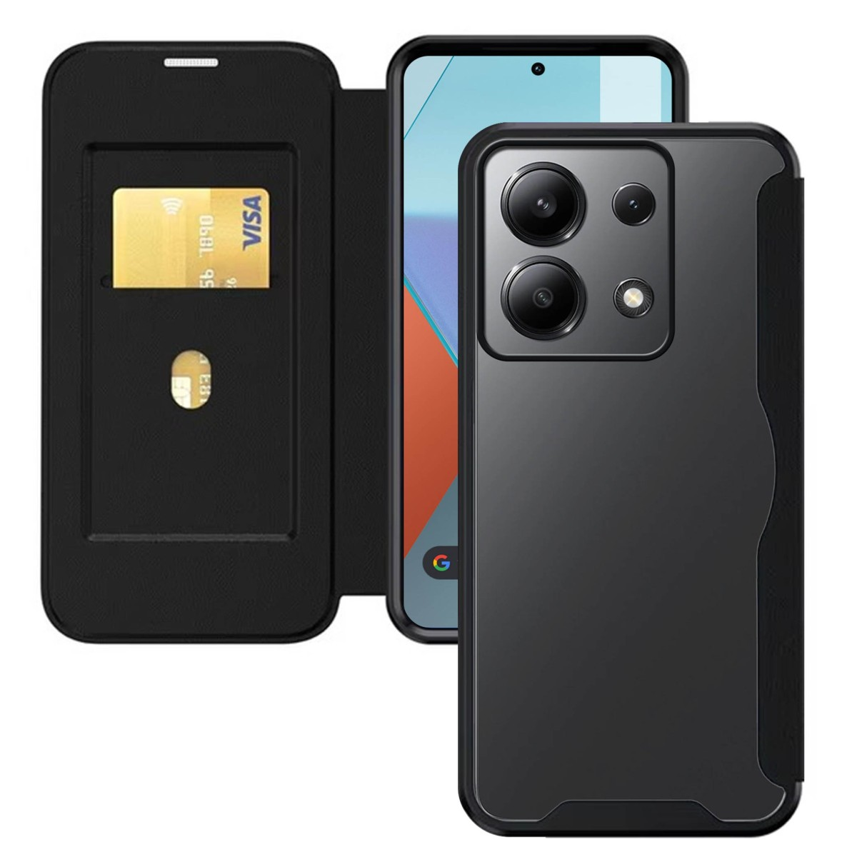 Custodia nera per telefono con slot per schede, telefono parzialmente visibile.