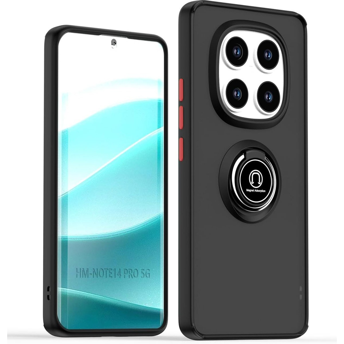 Funda negra con un teléfono negro y un anillo en la parte trasera con texto de absorción magnética.