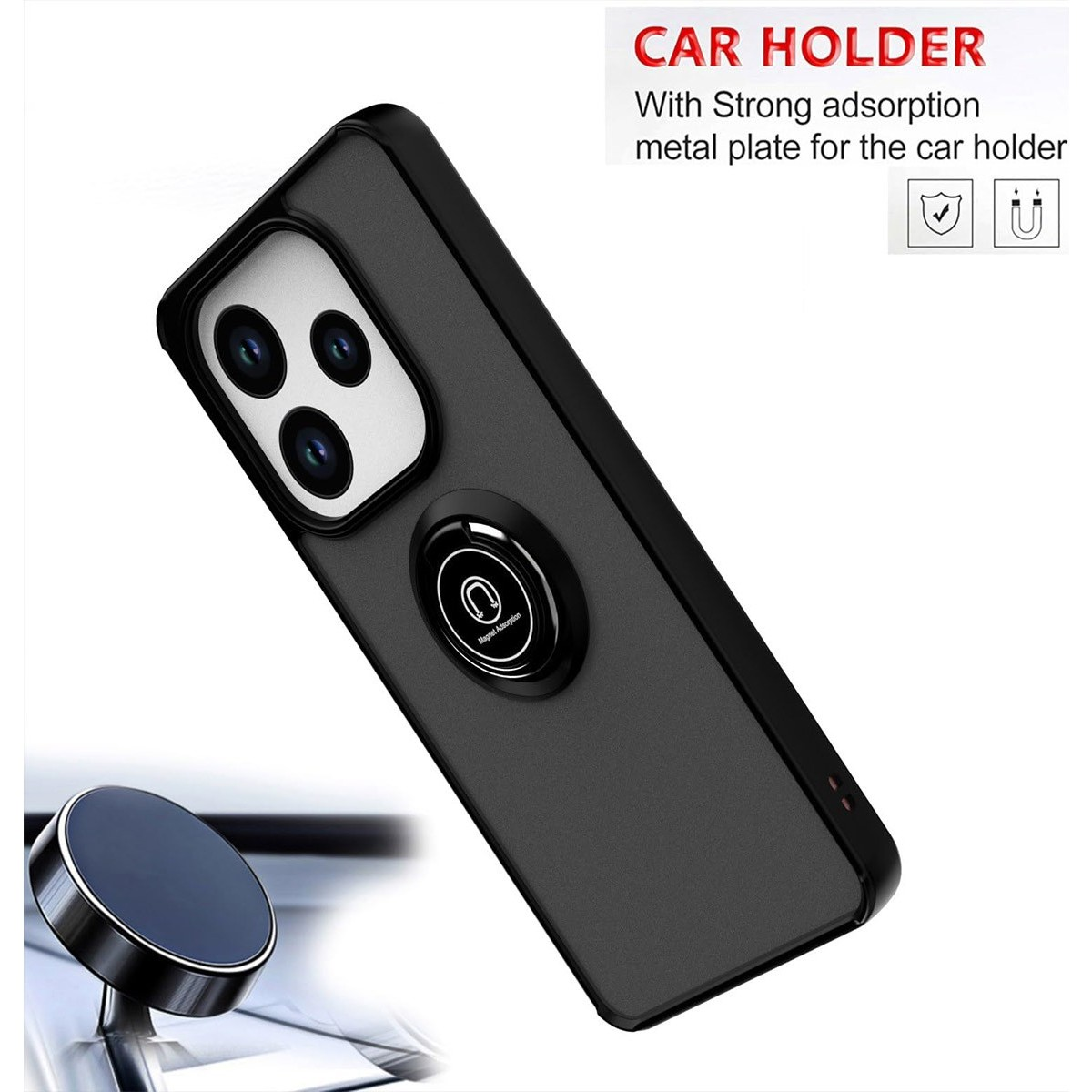 Funda negra con soporte de anillo y soporte magnético para coche, con texto en la parte superior.