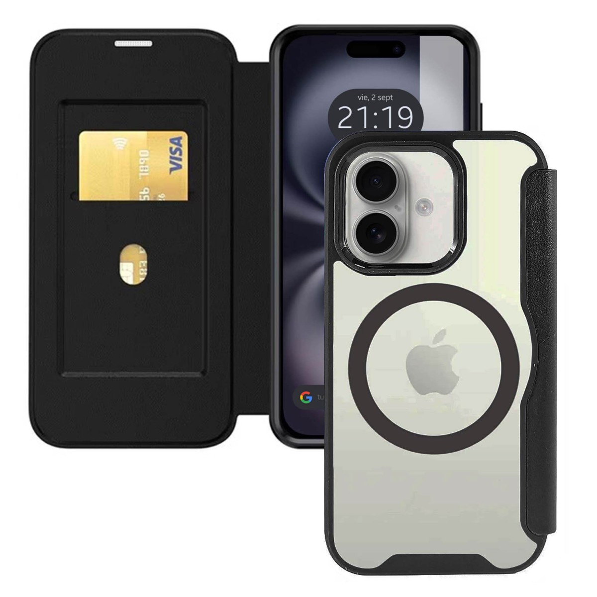 Custodia con cover nera, carta Visa dorata all'interno e telefono che mostra l'ora.