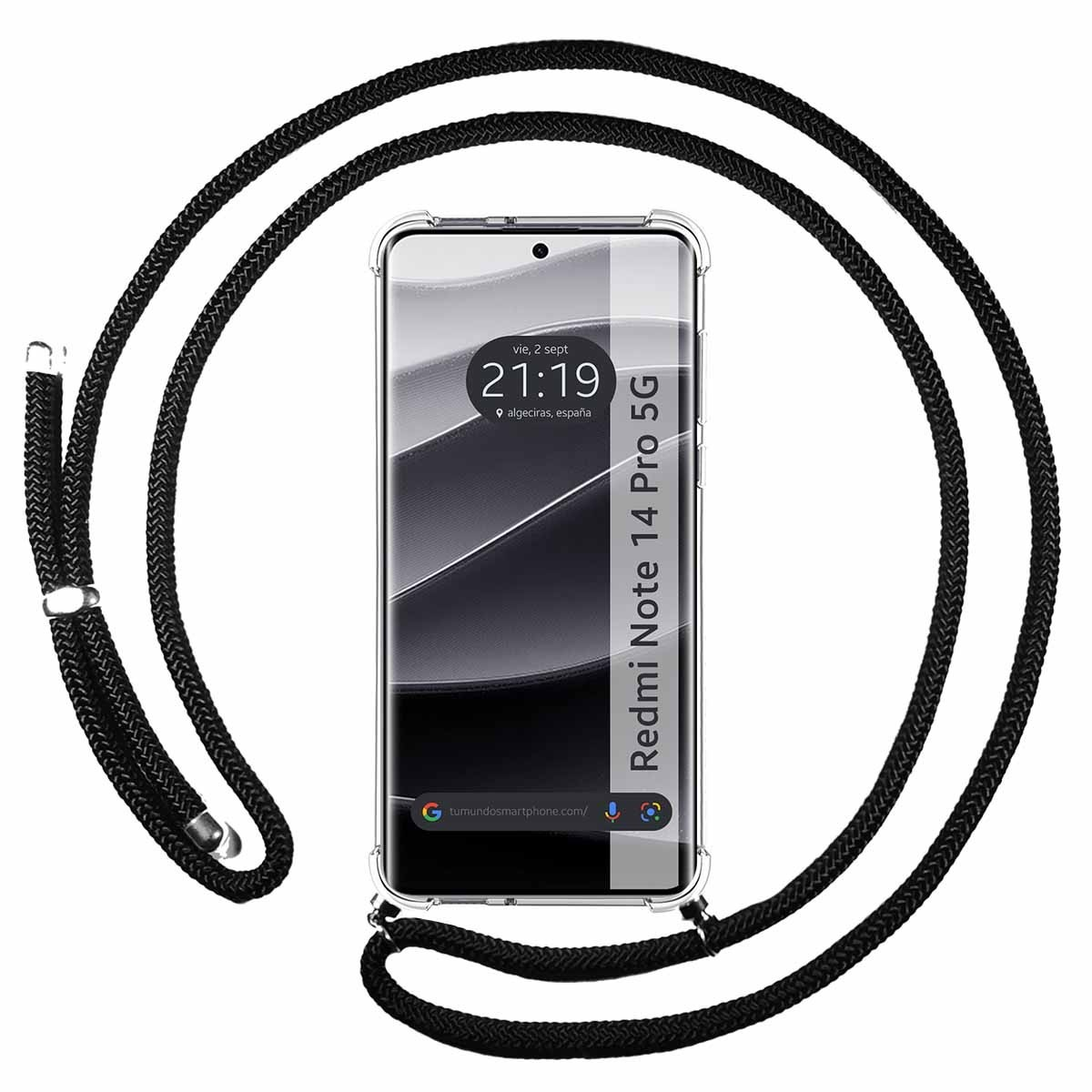 Telefono con cordino nero, che mostra l'orologio e i dettagli sullo schermo.