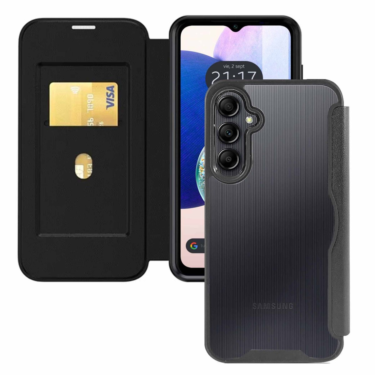 Custodia nera con porta carte e schermo visibile, anche il telefono è nero.