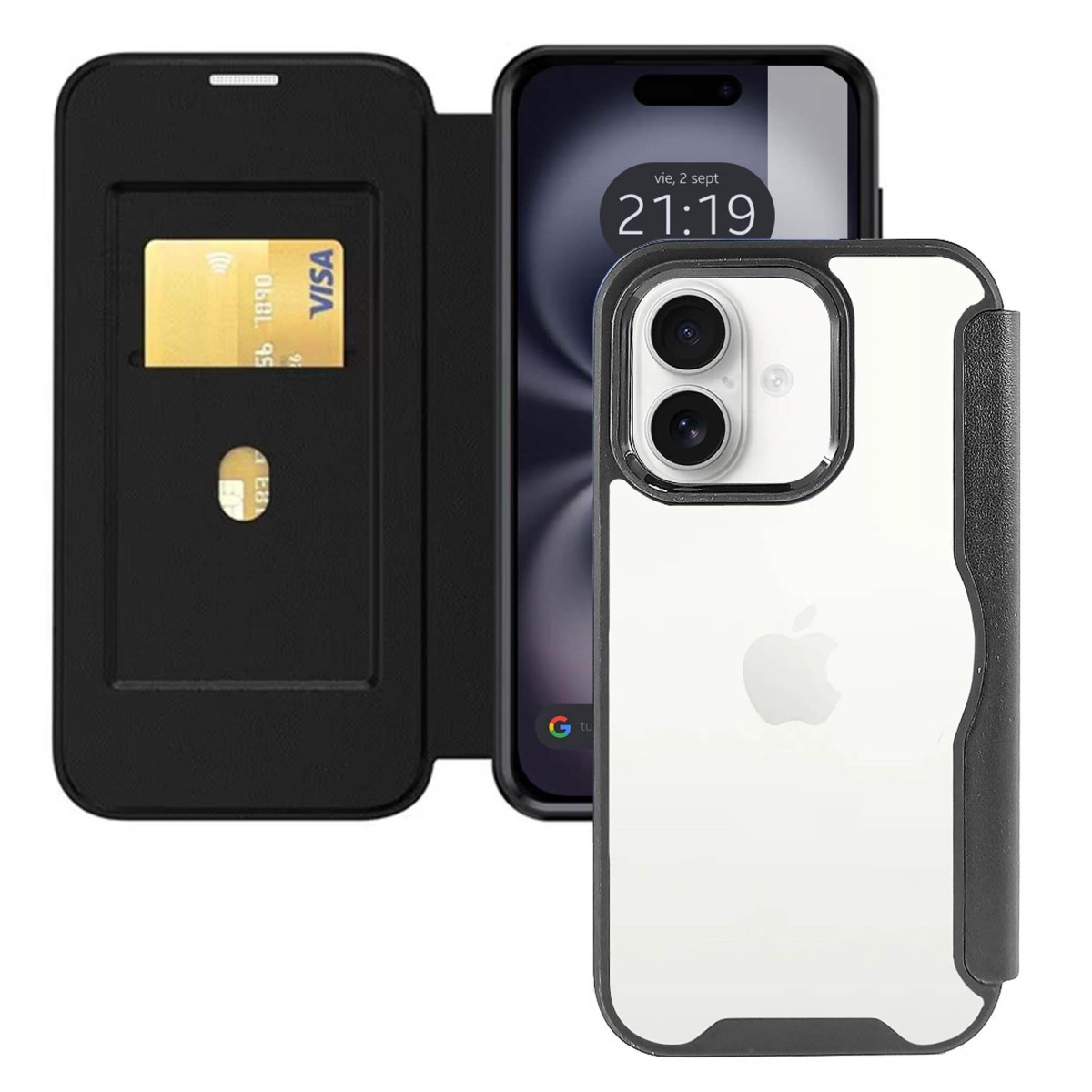 Custodia per telefono con design a portafoglio nero. Una carta di credito dorata è visibile. Lo schermo mostra l'ora.
