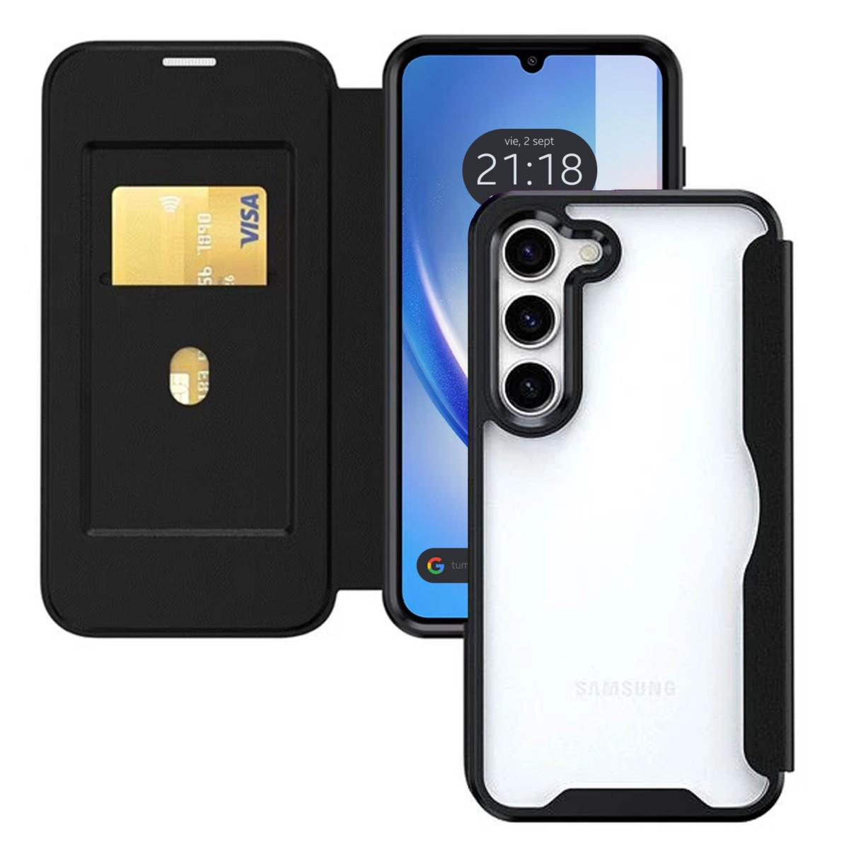 Un telefono nero con una custodia a libro nera con carta di credito e logo Samsung.