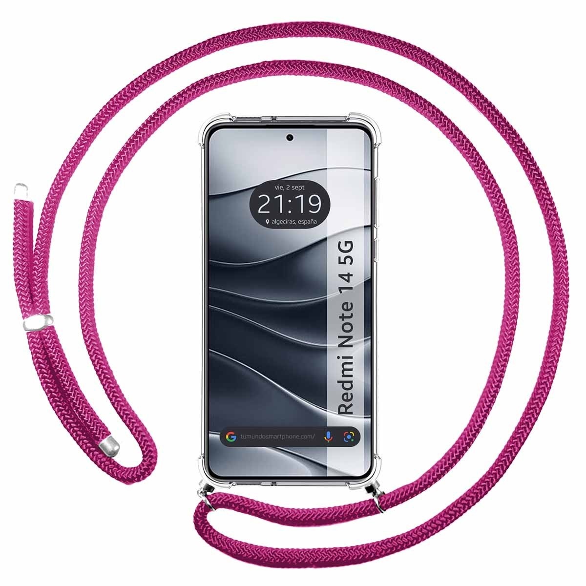 Un telefono con un cordino rosa, che mostra l'ora e la posizione.
