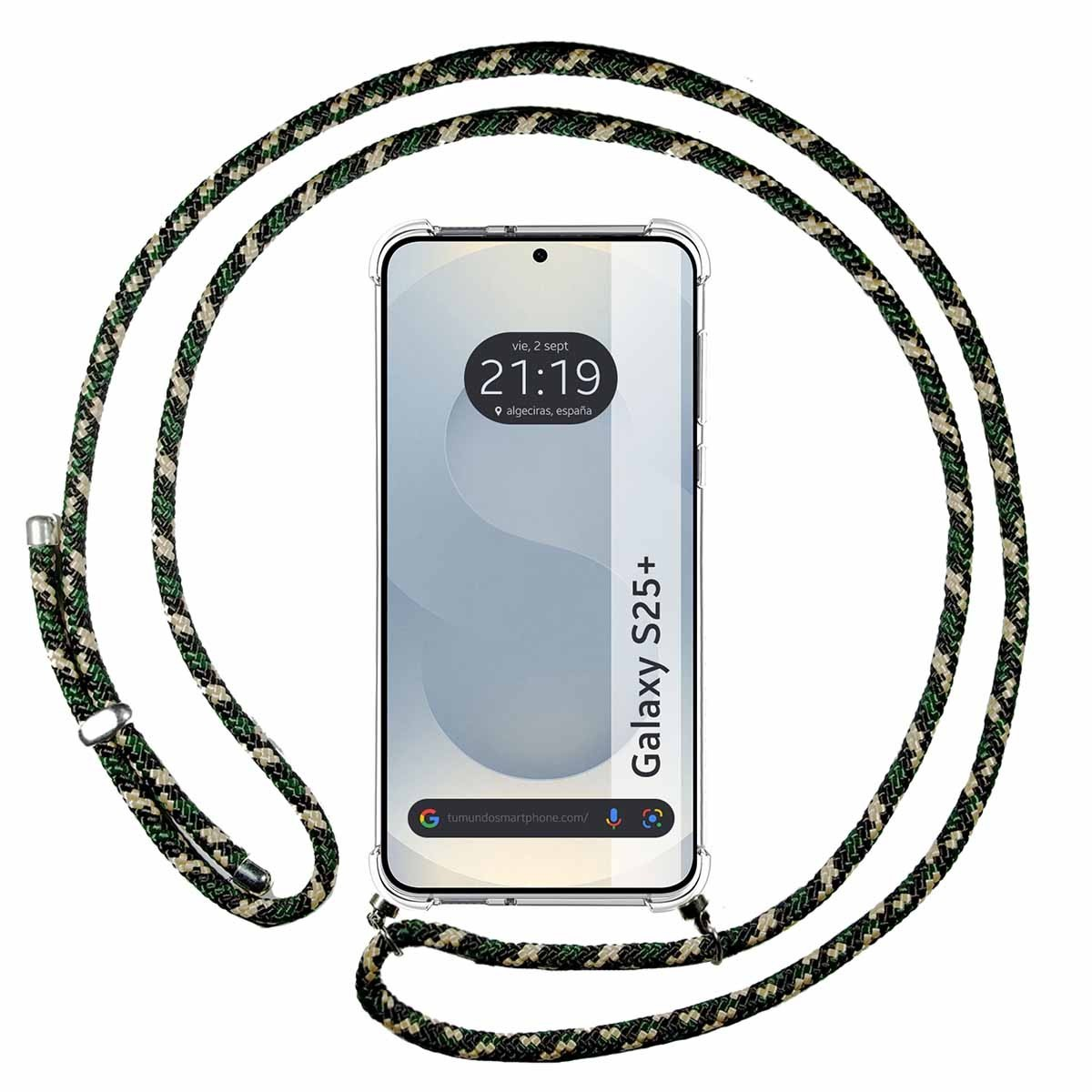 Telefono con cinturino mimetico. Schermo mostra ora e data.