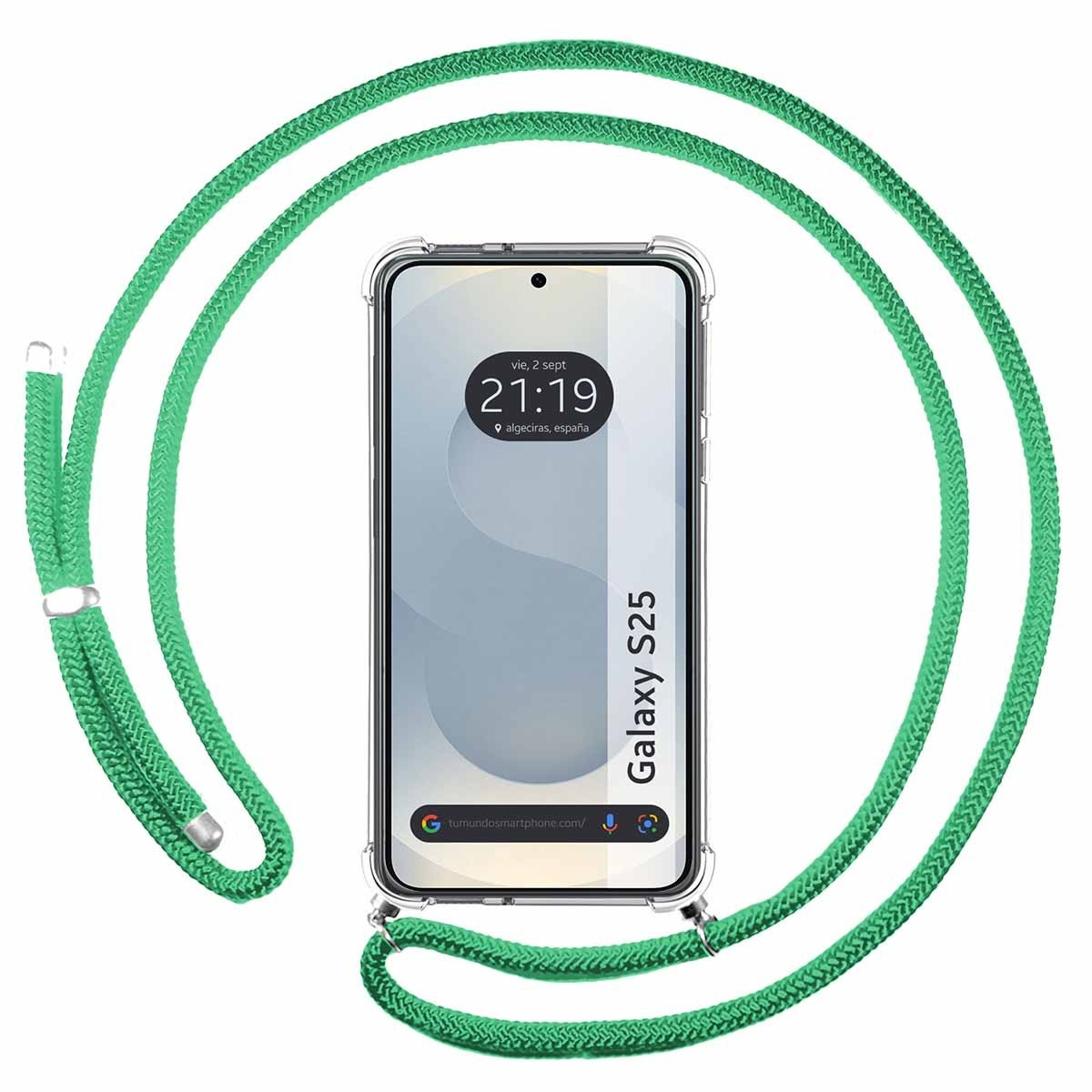 Telefono con cordino verde. Schermo mostra ora e città.
