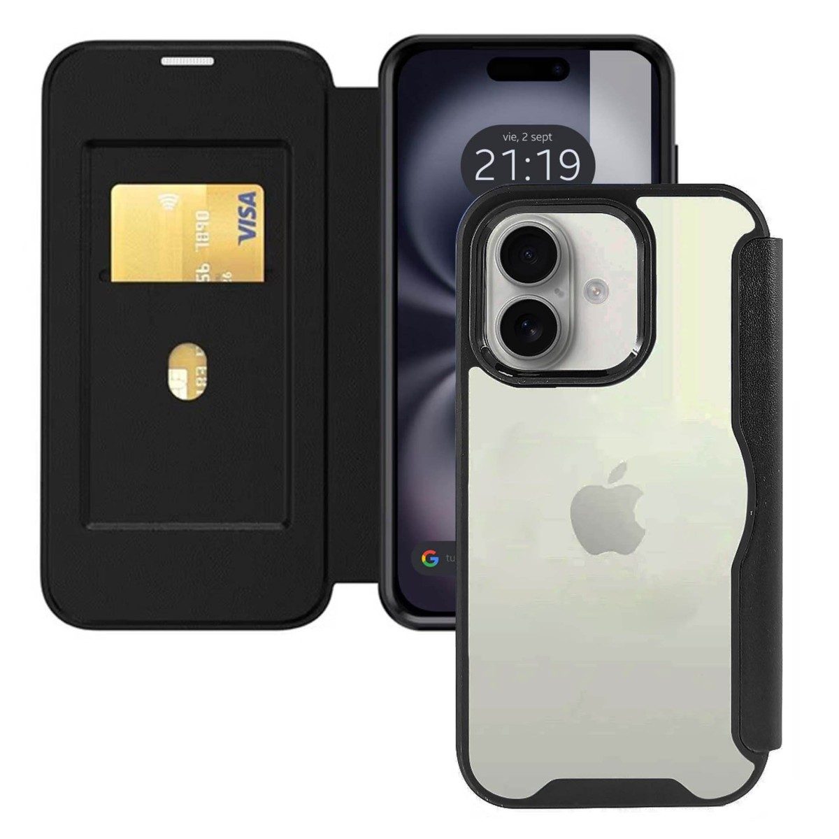 Telefono con custodia porta carte. Lo schermo mostra l'ora e la data. C'è una carta di credito nella custodia.