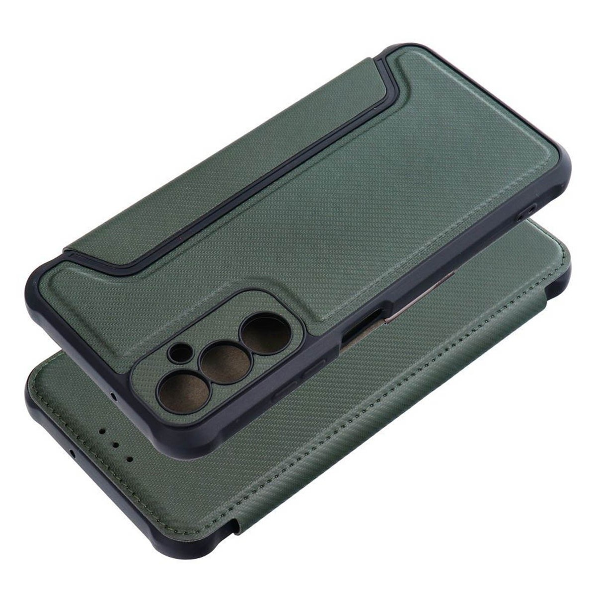 Custodia verde con design scuro. Bordi neri e tre fori per fotocamera.