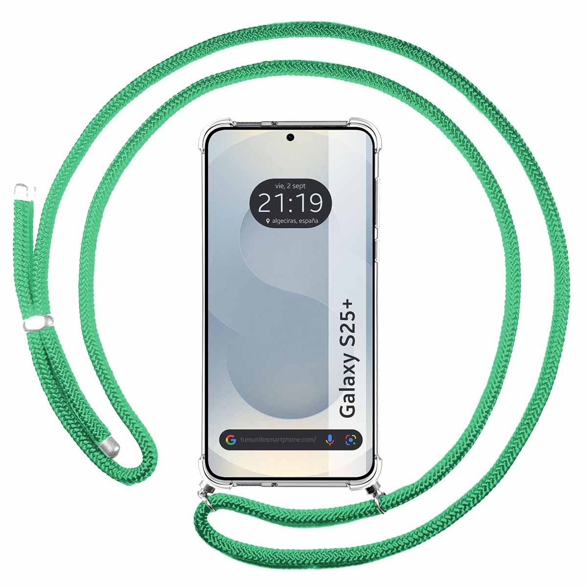 Custodia trasparente con cordino verde, il telefono mostra l'ora e la data.