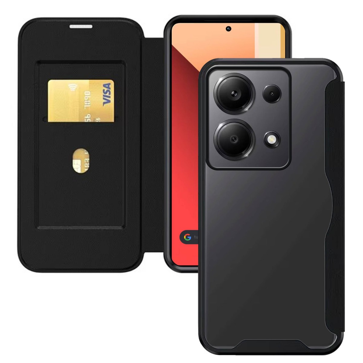 Custodia per telefono nera con portafoglio e carta di credito a sinistra, schermo del telefono visibile a destra.