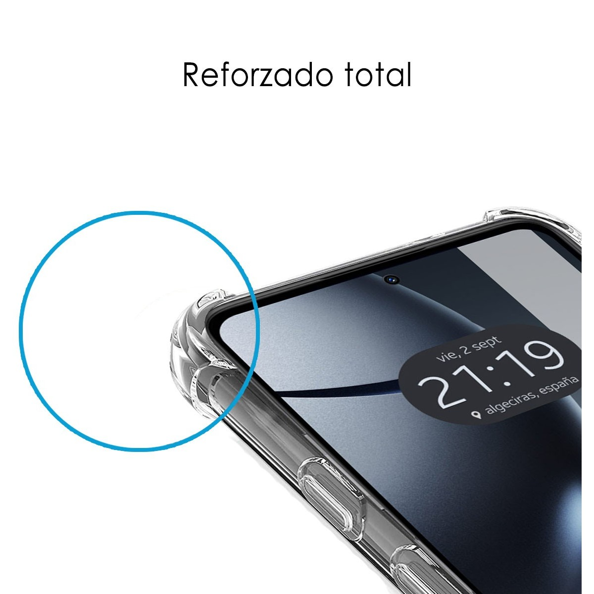 Una custodia trasparente per telefono. Testo "Reforzado total" sopra.