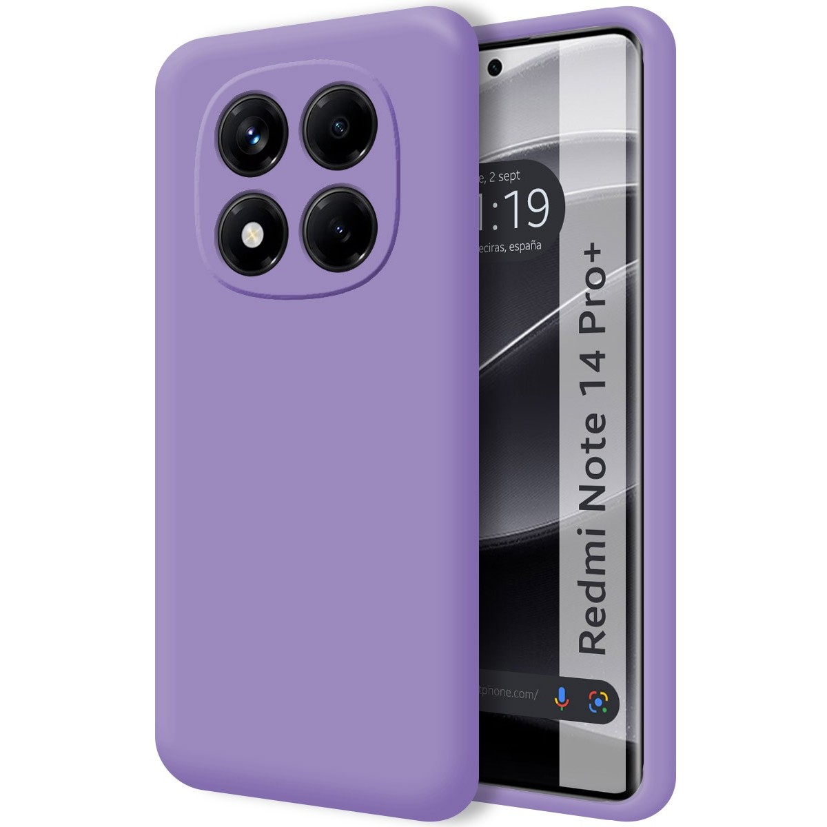 Custodia lilla con quattro fotocamere sul retro, schermo del telefono visibile.