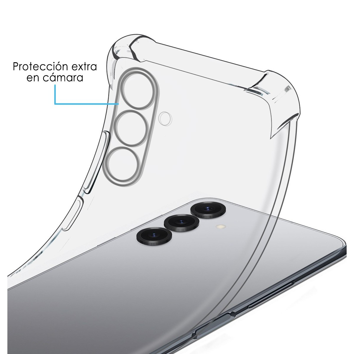 Custodia per telefono trasparente con una copertura protettiva trasparente sugli obiettivi della fotocamera.