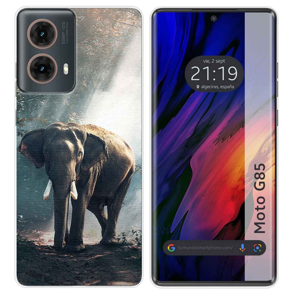 Funda de teléfono con imagen de elefante. Pantalla del teléfono muestra hora, fecha y fondo.