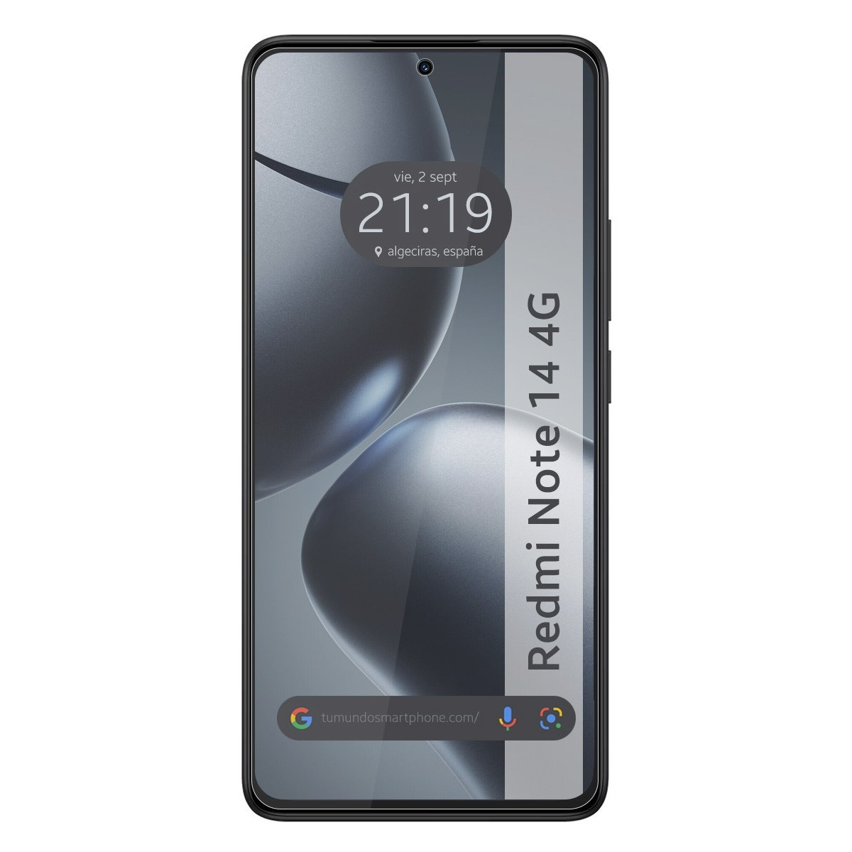 Telefono Redmi Note 14 4G. Lo schermo mostra un design astratto scuro. Telefono in una custodia.
