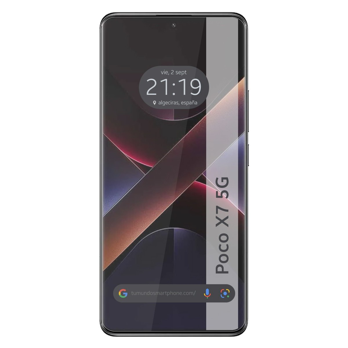 Telefono nero che mostra l'ora e la data, Algeciras, Spagna. Marchio Poco X7 5G sul lato destro.