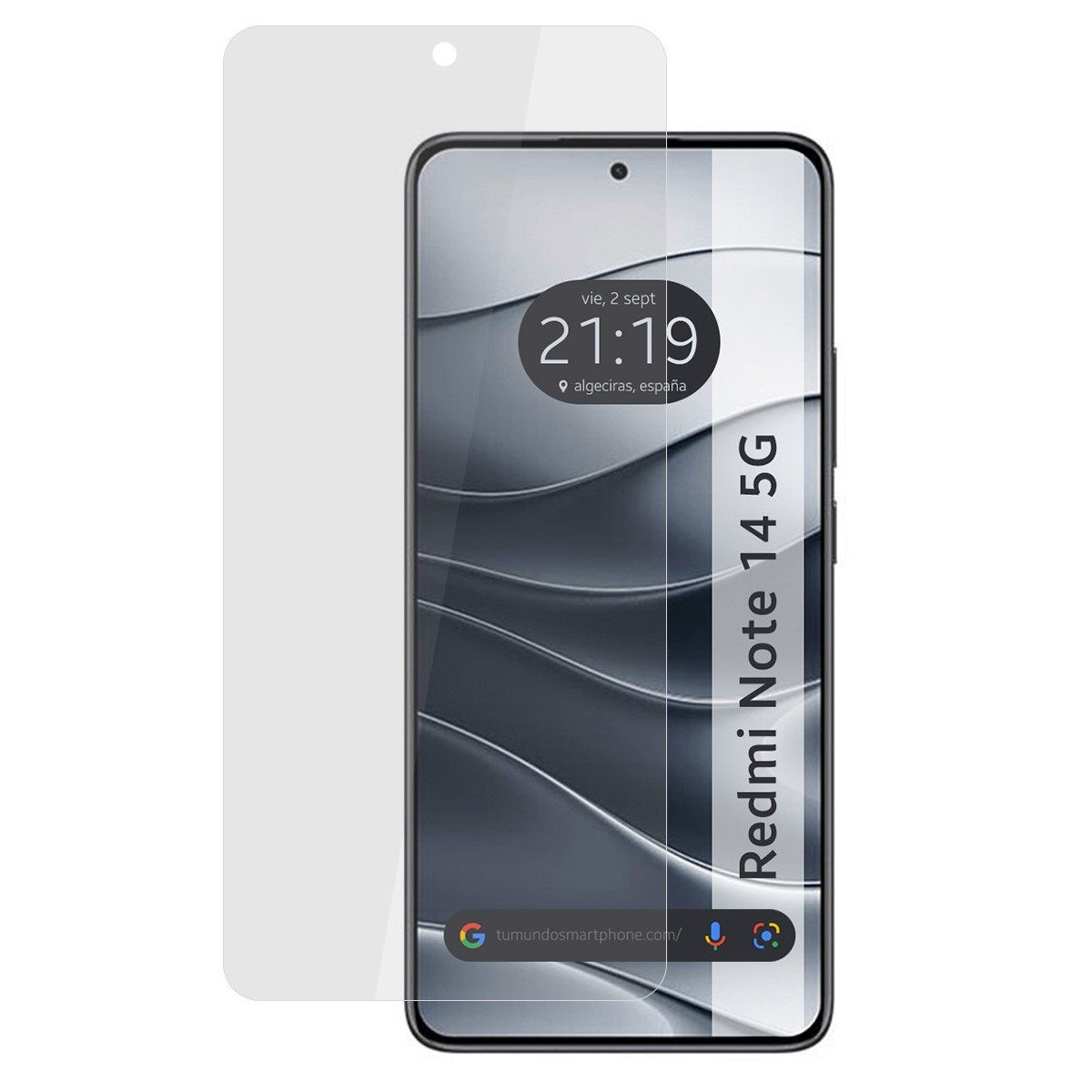 Un proteggi schermo trasparente e un telefono che mostra l'ora e le parole Redmi Note 14 5G.