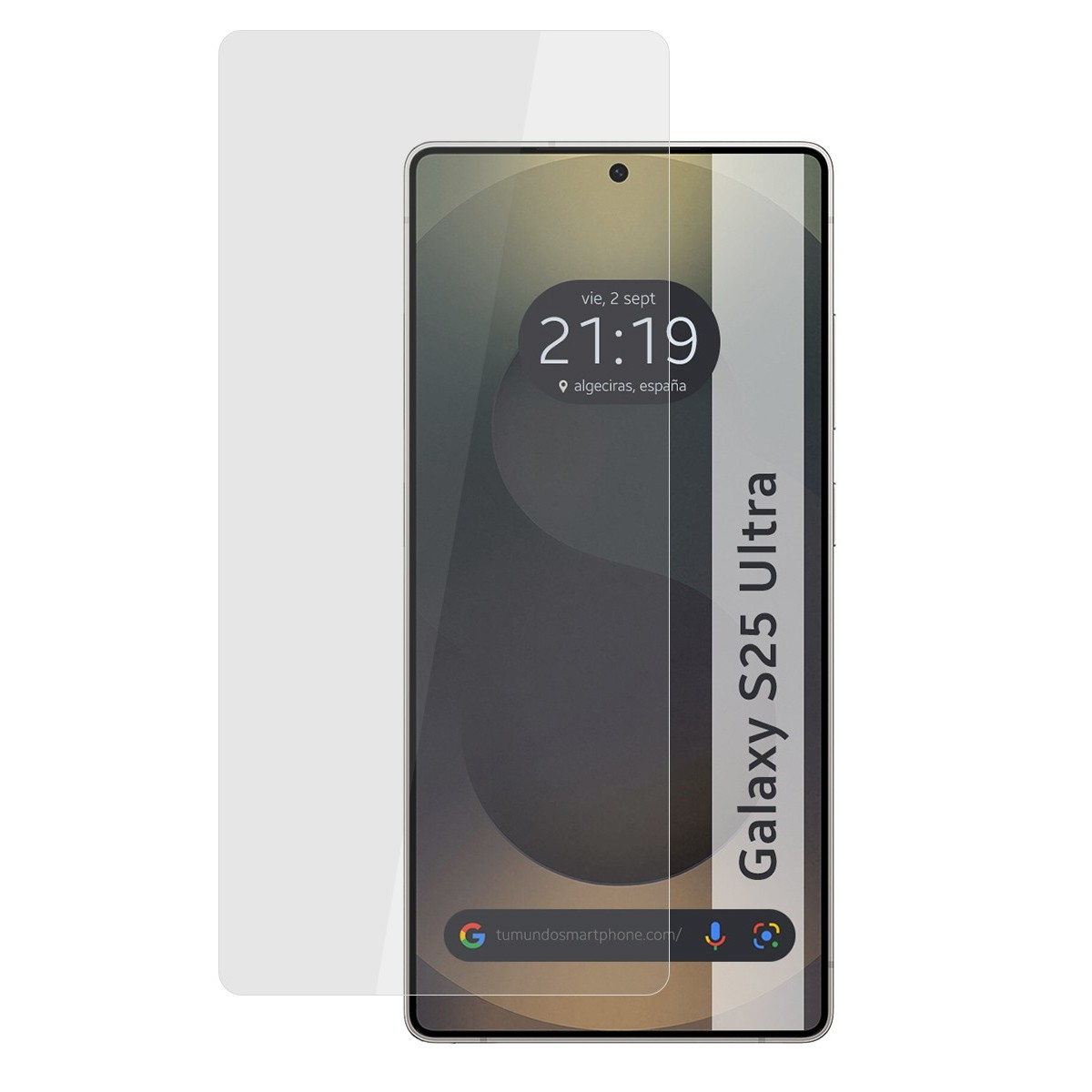 Un protector de pantalla y un smartphone. El teléfono muestra hora y ubicación.