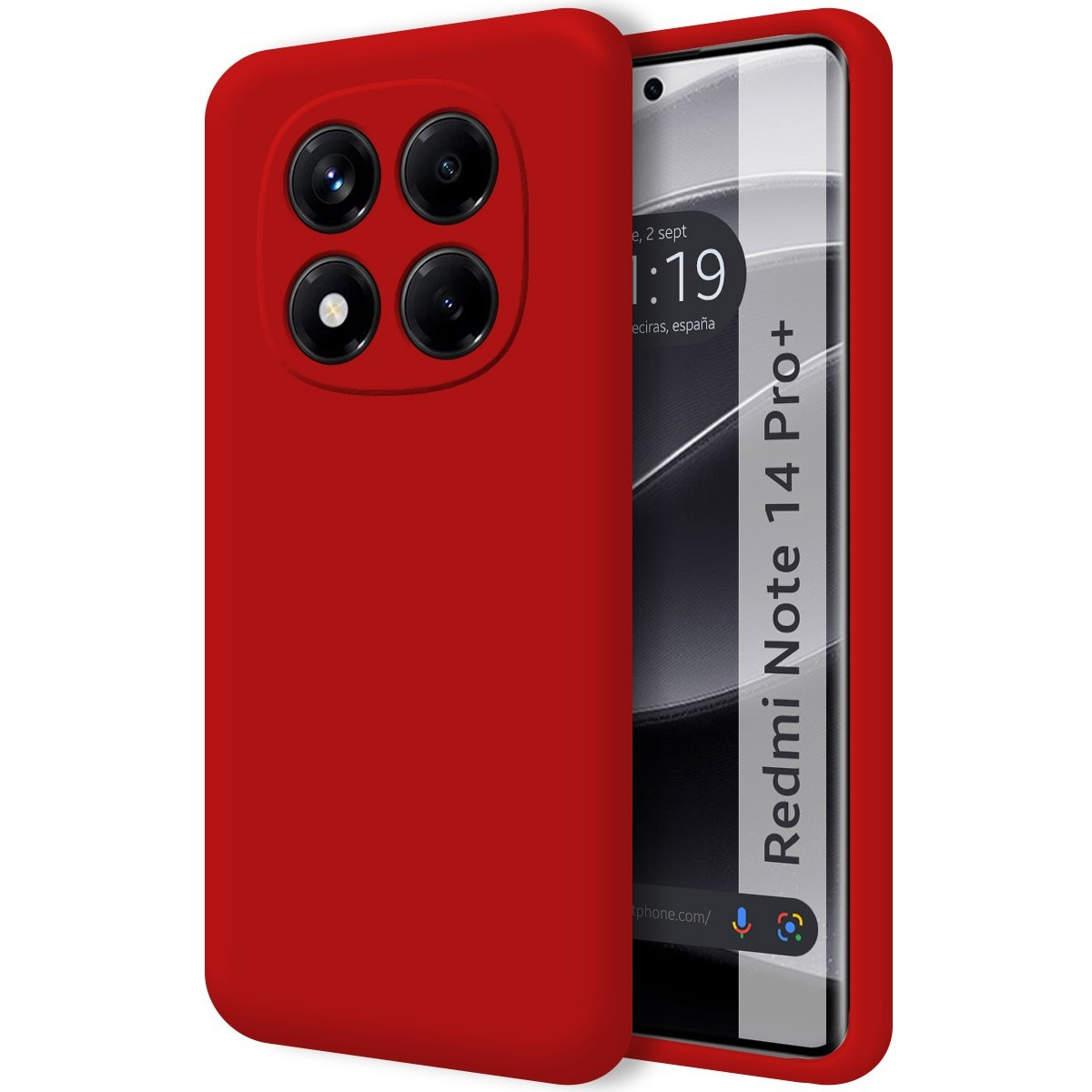 Custodia per telefono rossa. La custodia copre l'intero telefono con un colore rosso.