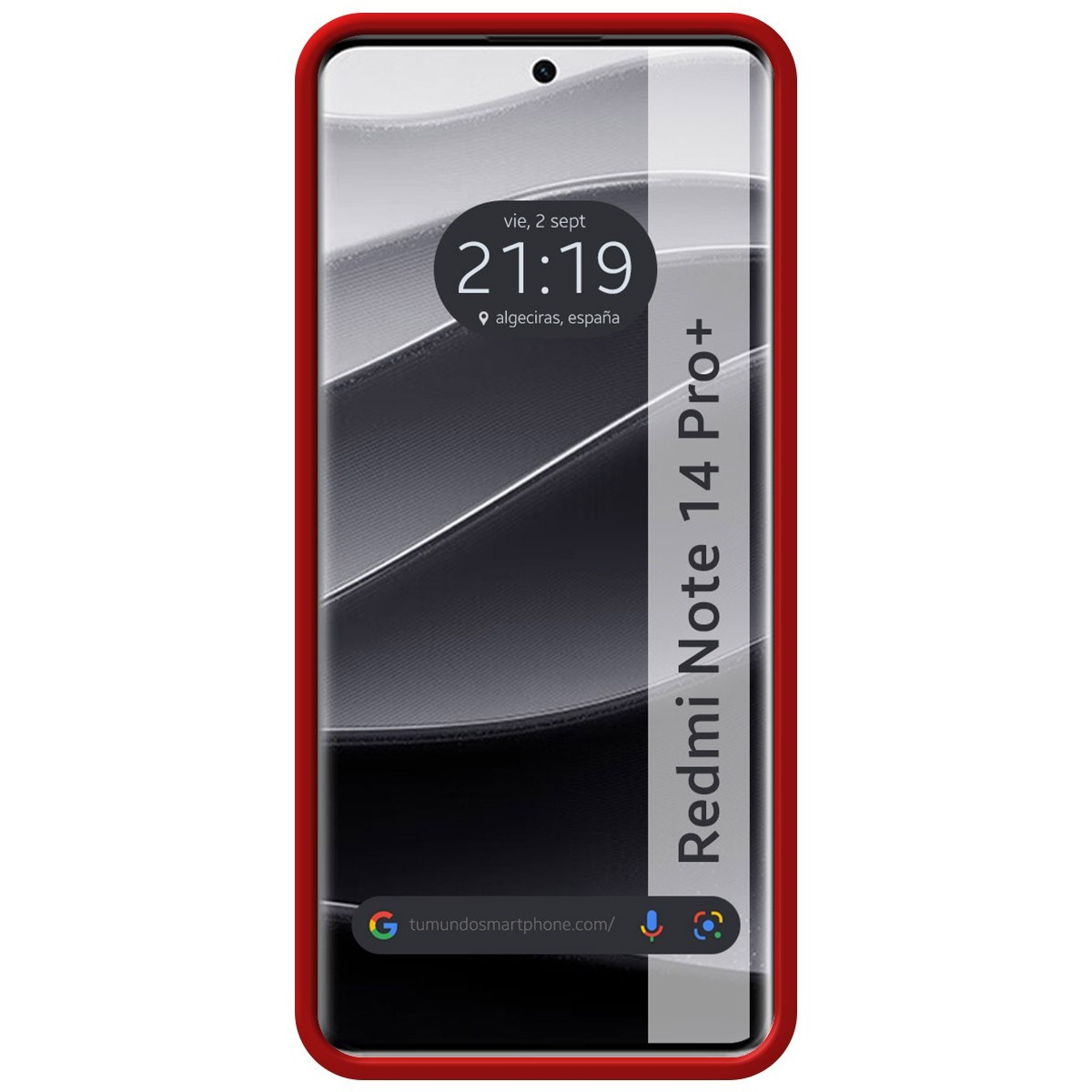 Telefono con bordo rosso che mostra ora e data, e sfondo bianco e nero.