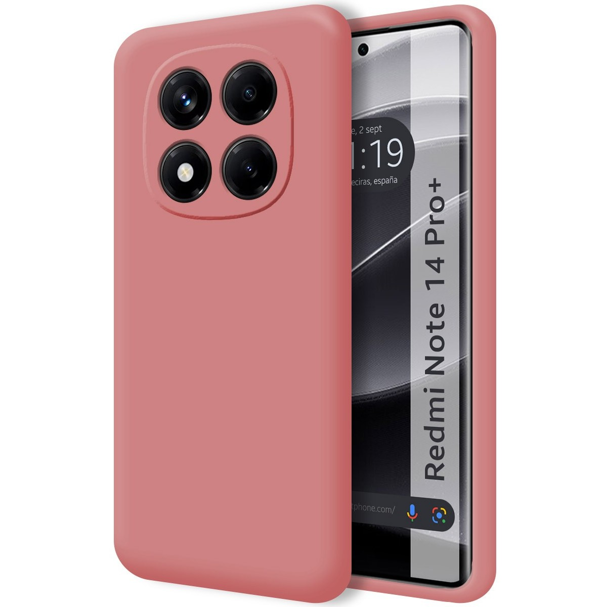 Una custodia per telefono rosa, una matrice di fotocamere e lo schermo del telefono che mostra ora e posizione, con sfondo bianco.