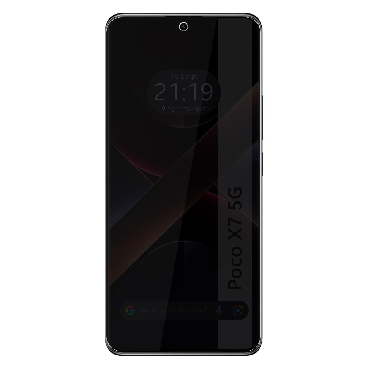 Schermo smartphone che mostra ora e città, con sfondo nero e testo 'Poco X7 5G'.