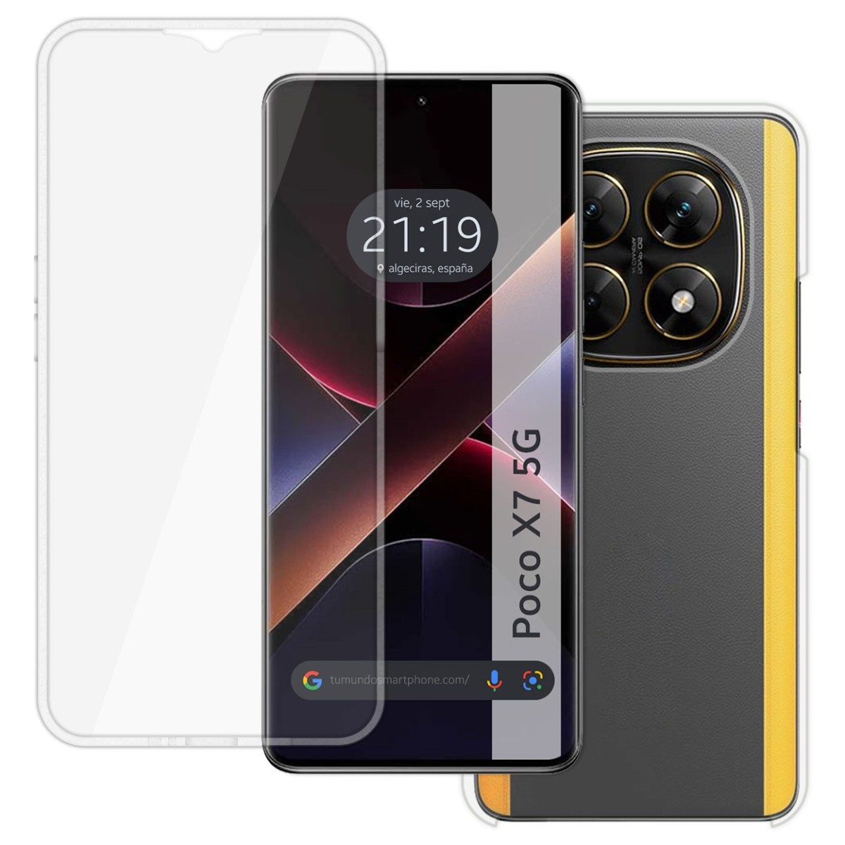 Uno smartphone con una protezione per lo schermo e una custodia con un design nero, grigio e giallo.