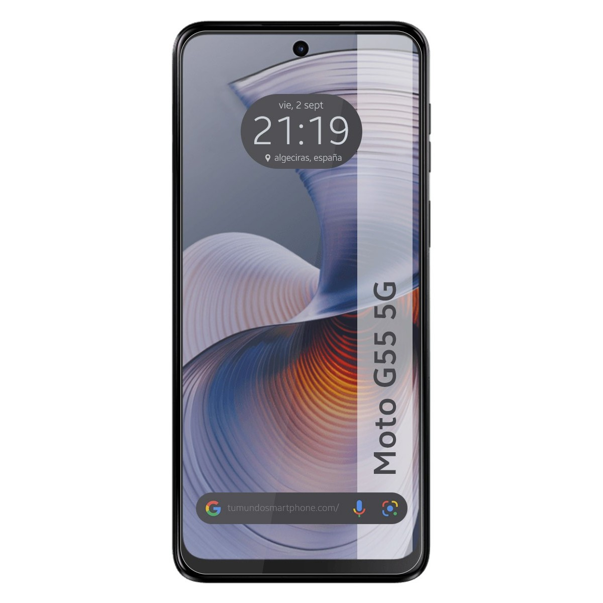 Smartphone con cornice nera, mostra ora e data, con la scritta 'Moto G55 5G' sul lato.