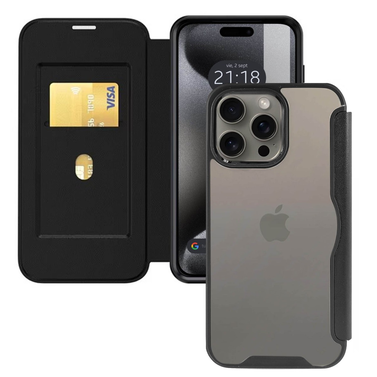 Un iPhone in una custodia a portafoglio con uno slot per schede. Lo schermo del telefono mostra un orologio digitale e il logo Apple.