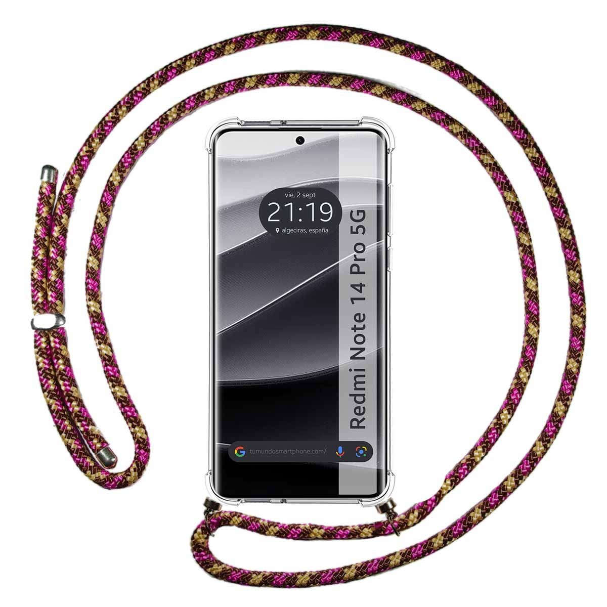 Telefono con un cordino rosa e oro. Il telefono mostra l'ora e la posizione.