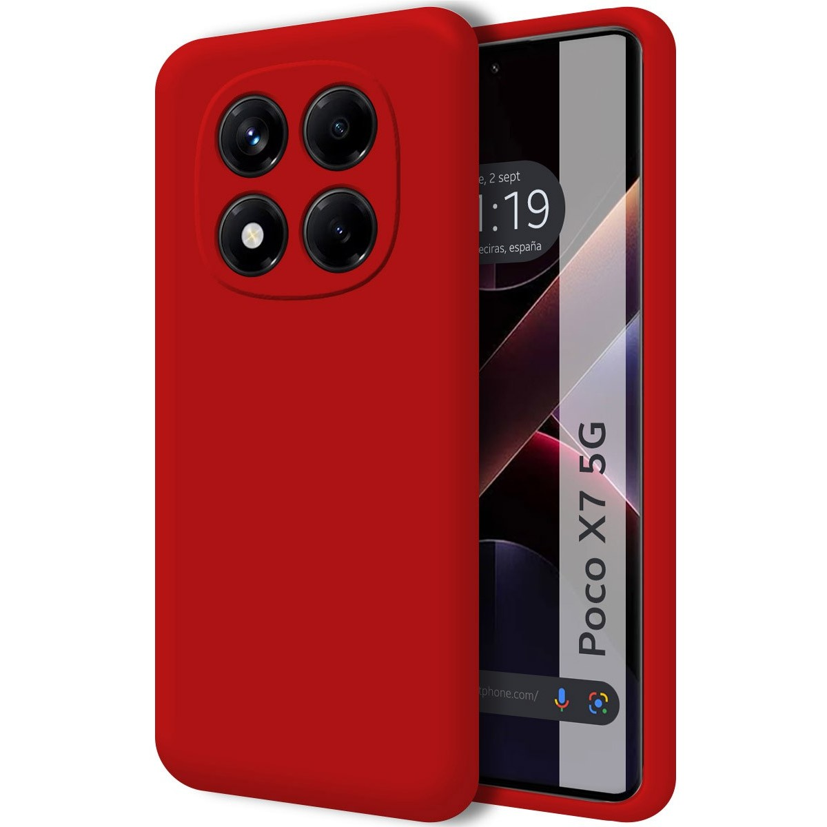 Custodia per telefono rossa con modulo fotocamera e schermo del telefono che mostra data/ora.
