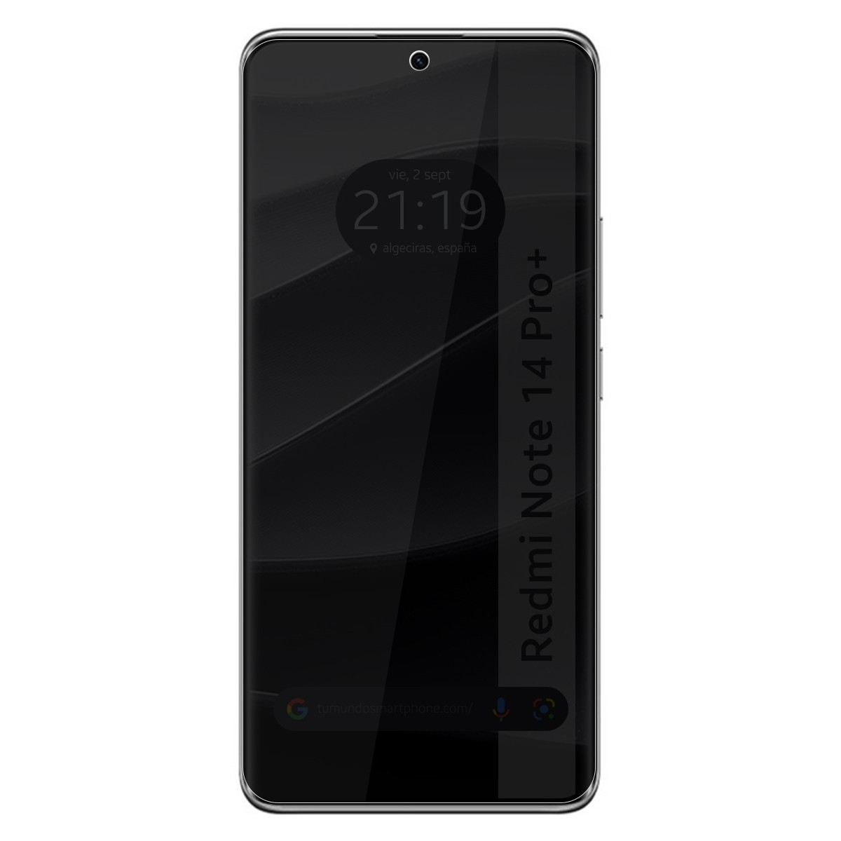 Schermo nero del telefono con l'ora visualizzata e il testo 'Redmi Note 14 Pro+' sul lato.