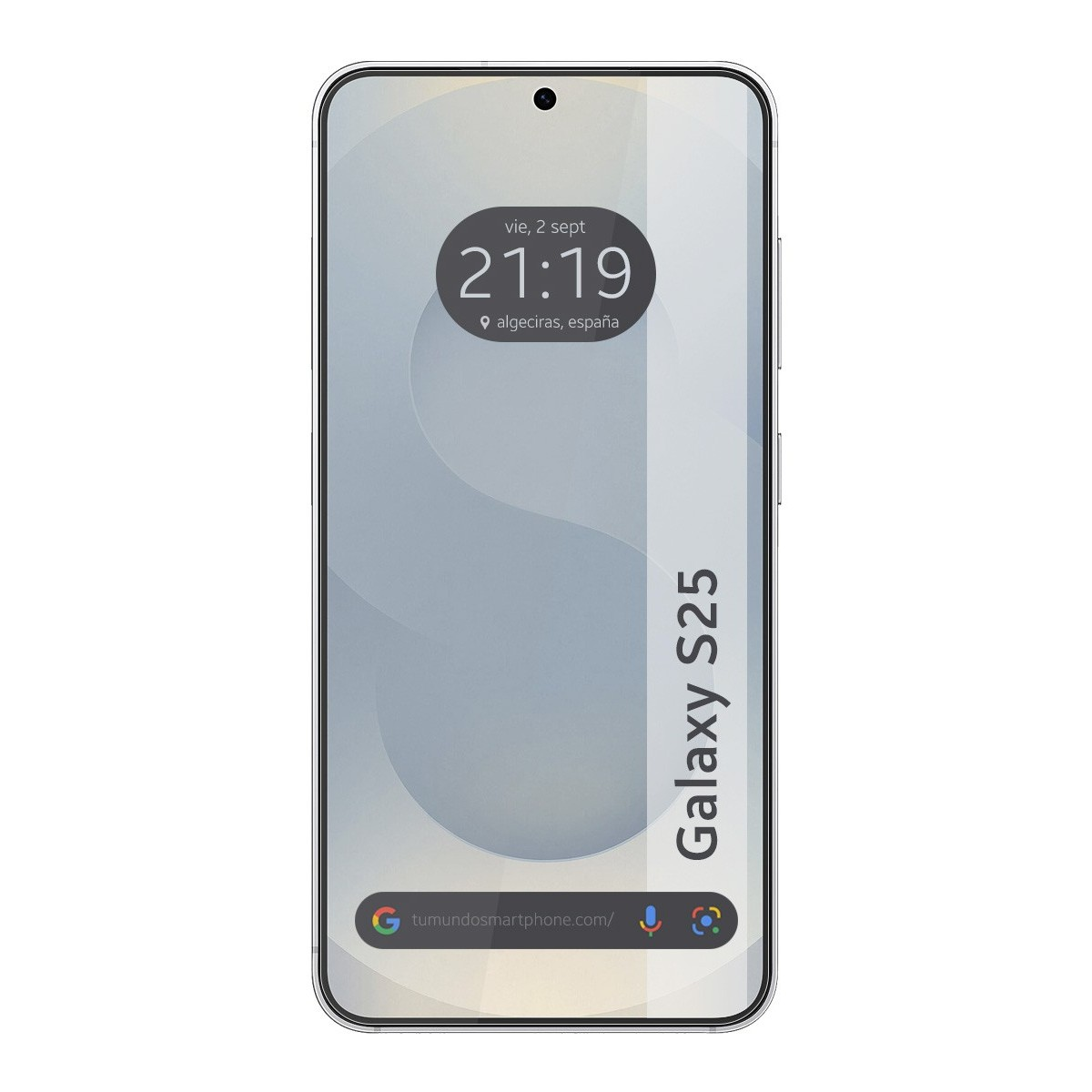 Un telefono che mostra l'ora 21:19 e la posizione, con le parole Galaxy S25.