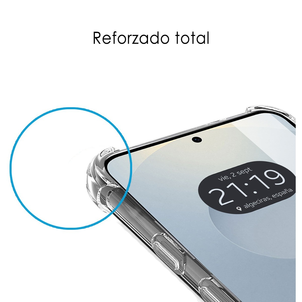 Primo piano di un telefono con custodia trasparente. Testo: Rinforzato totale. Ora 21:19.