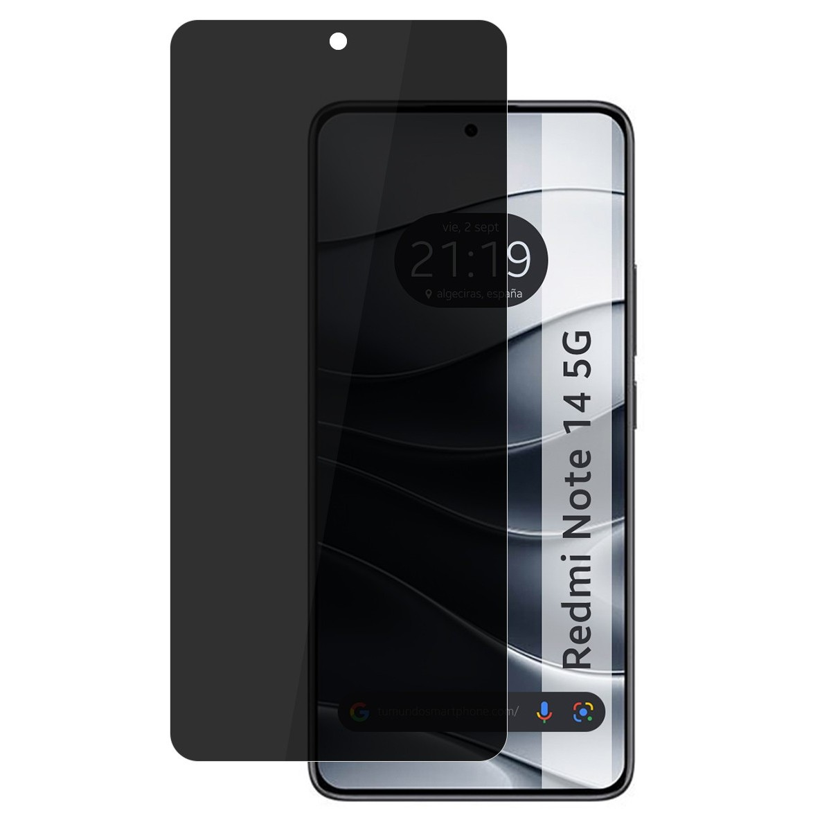 Schermo del telefono con display scuro protetto da una protezione, testo 'Redmi Note 14 5G'.