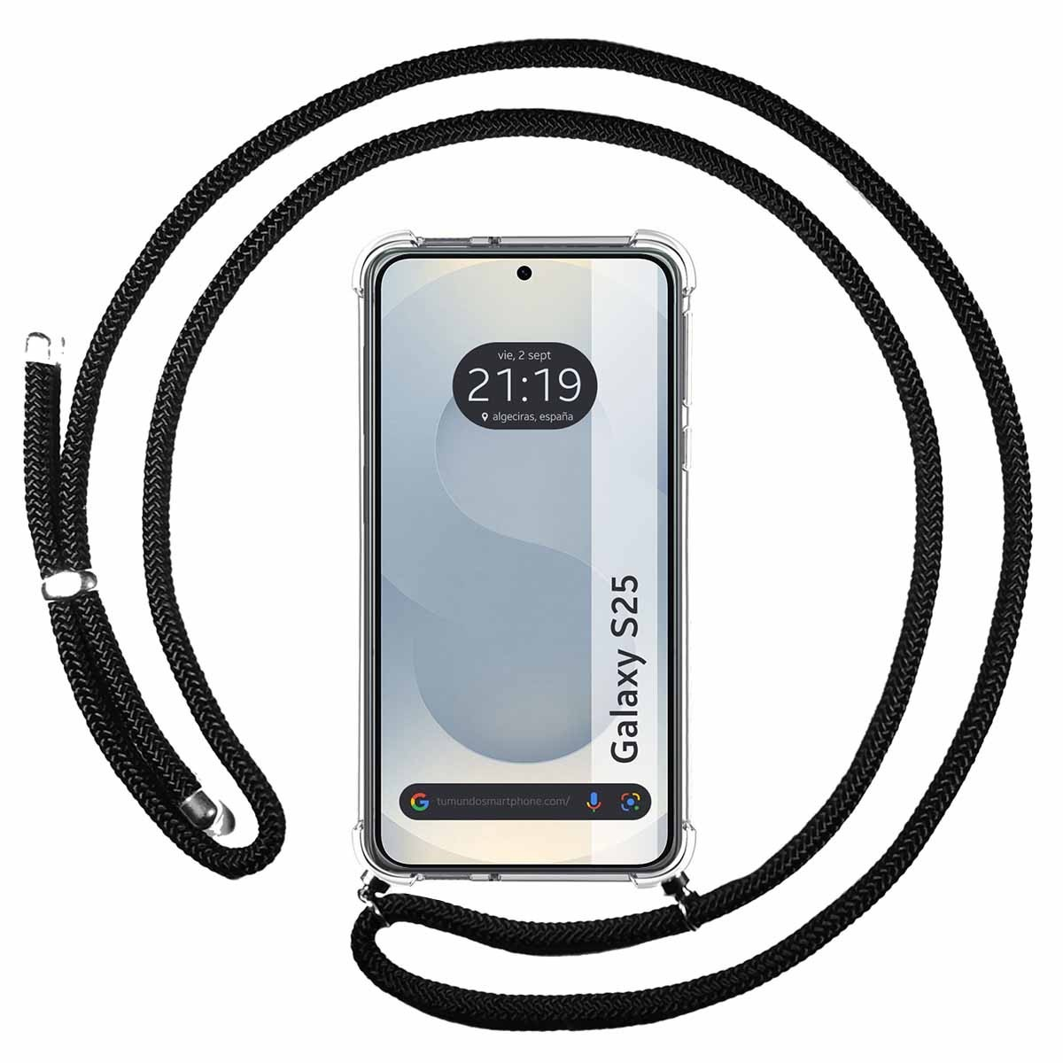 Telefono Galaxy S25 in custodia trasparente con cordino nero. Lo schermo mostra l'ora.