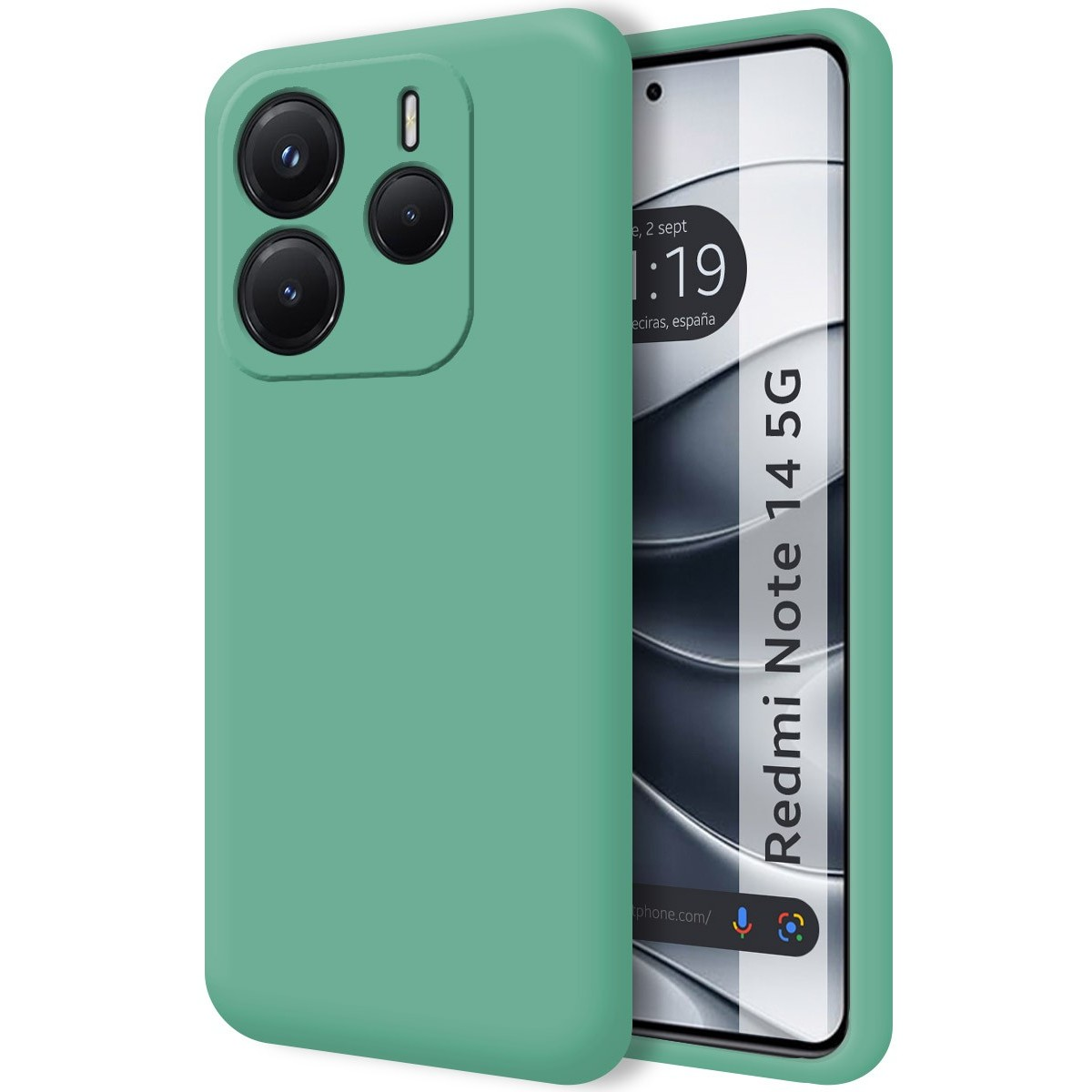 Una custodia verde accanto a uno smartphone. Il telefono ha uno schermo.