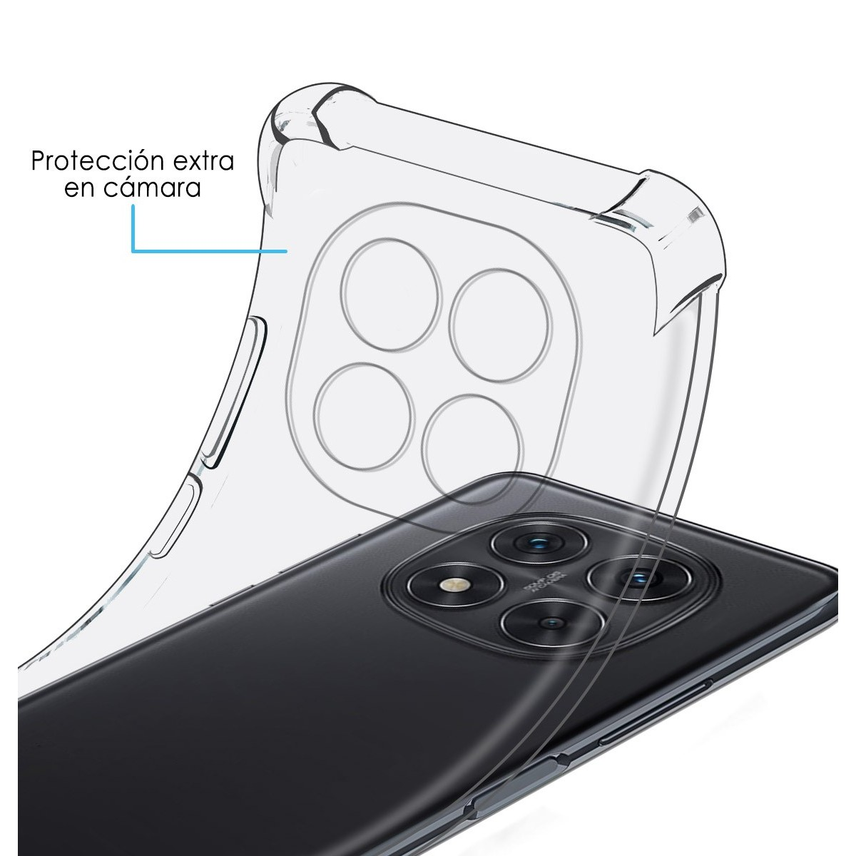 Una custodia trasparente su un telefono nero. Il testo indica una protezione extra per la fotocamera.