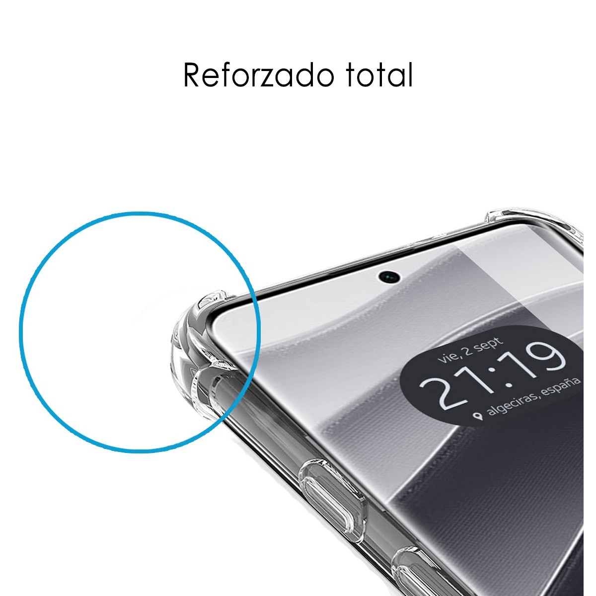 Custodia trasparente che mostra uno schermo con data e un cerchio blu.
